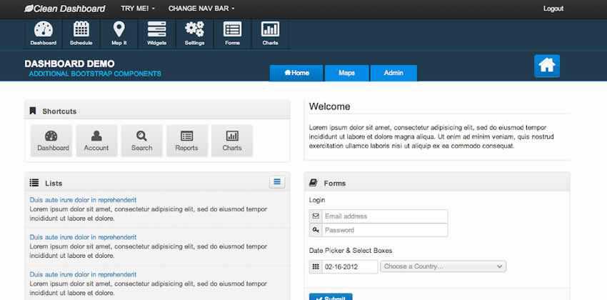 Clean Dashboard Responsive Bootstrap 2 Kit UI Free Theme