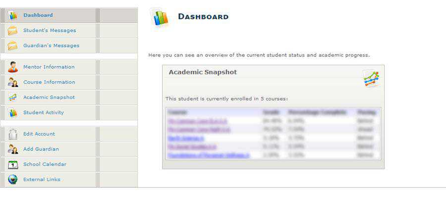 Online school dashboard screen.