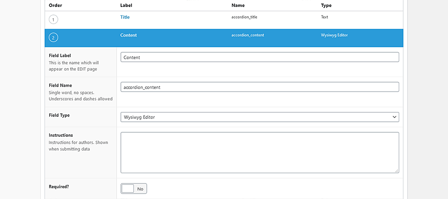 Advanced Custom Fields Editor Screen